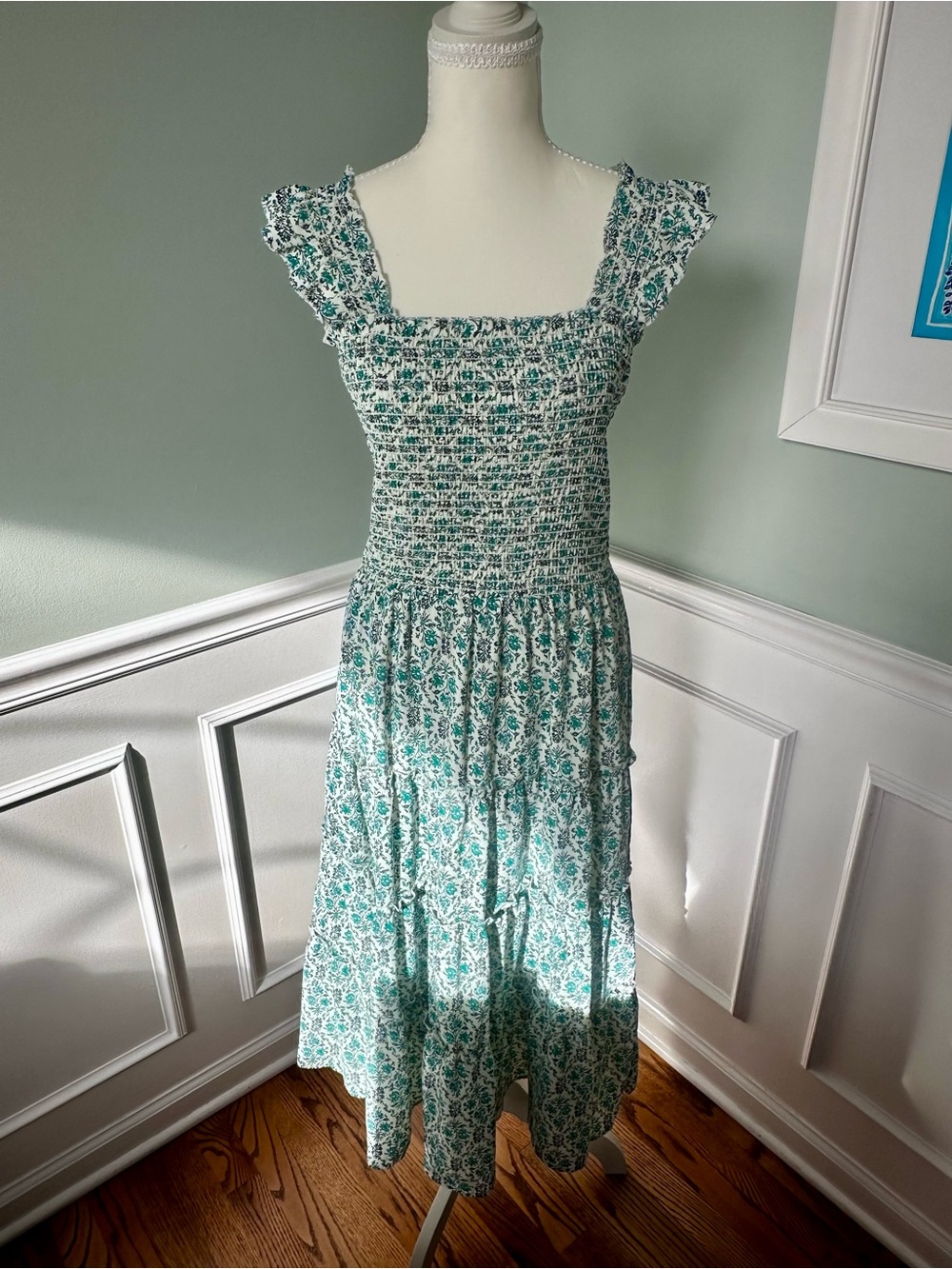 BTFBM Floral Smocked Midi Dress White Teal Green Blue Size S EUC